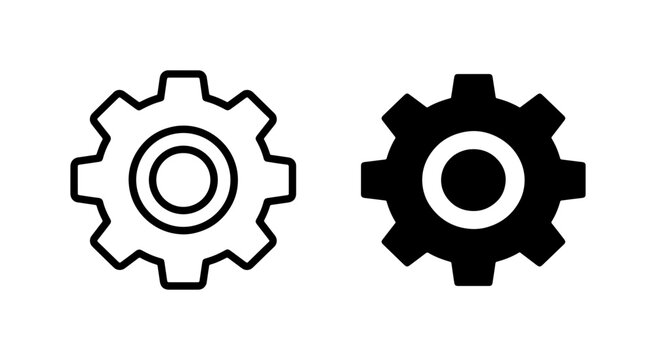 Gear Icons Set, Cogwheel Symbols, Mechanical Parts, Industrial Design Elements, Black and White Vector Graphics