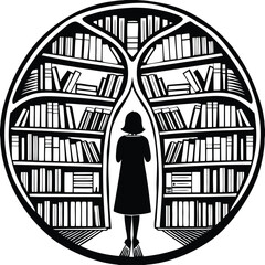 Black, minimalist woman in library, tree bookshelf vector icon, bookcase silhouette © NURSABAISLAM