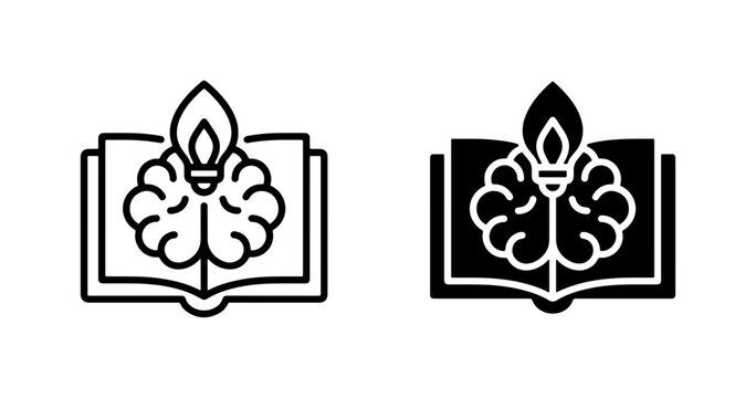 Brain Knowledge Icon, Open Book Learning Symbol, Lightbulb Idea Vector Set