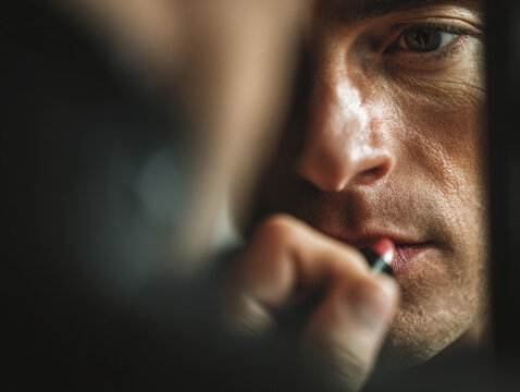 Man applying lipstick in close-up reflection with focused expression