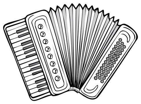 Black and white sketch of a detailed accordion with keys and bellows