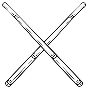 Black and white vector illustration of two crossed wooden fighting sticks for martial arts training