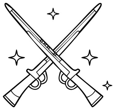 Two crossed bayonets creating a classic symbol of military conflict and historical warfare with sparkling accents