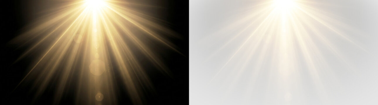 golden light beams with lens flare effect on black background