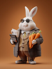 Anthropomorphic rabbit businessman calculating carrots and taxes