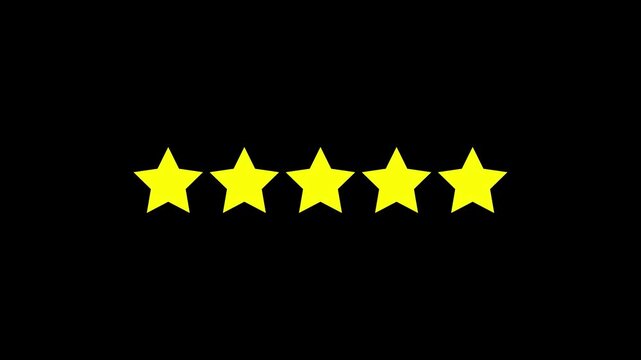 5 Star Customer Rating and Product Review Animation with Glowing Gold Stars for Feedback and Satisfaction on Black Background