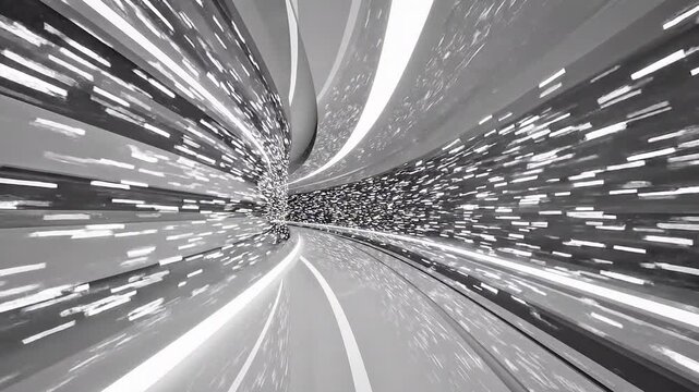 Seamless futuristic abstract white data-stream tunnel animation with floating linear geometric particles resembling digital information flow, elegant curved architecture 
