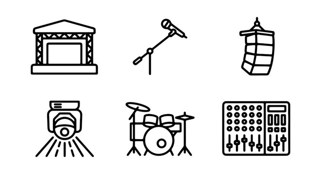 Concert Stage, Microphone, Speaker, Spotlight, Drum Kit, Mixer Icons. Music Event Equipment Vector Set