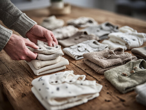 Hands folding cozy knitted sweaters on rustic wooden table indoors