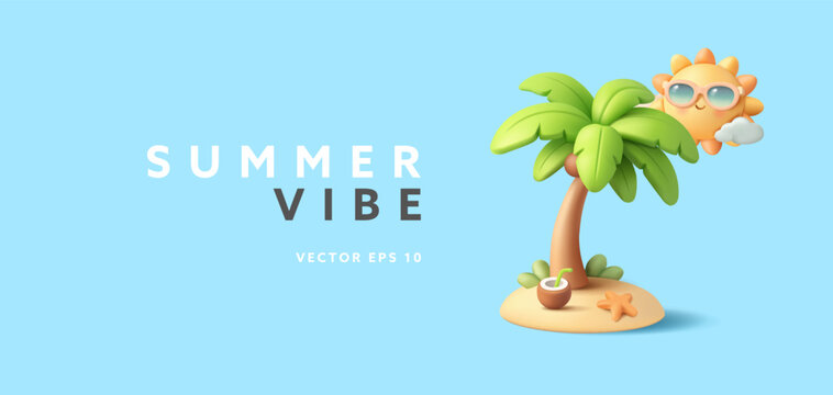 Summer vibe banner. 3d palm tree with coconut cocktail on the island, fun sun character. For summer tropical vacation concepts. Vector illustration.