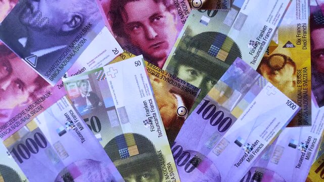 Switzerland, Swiss franc paper money and coins, financing and commodity exchange, trade. Swiss currency as a background for your design