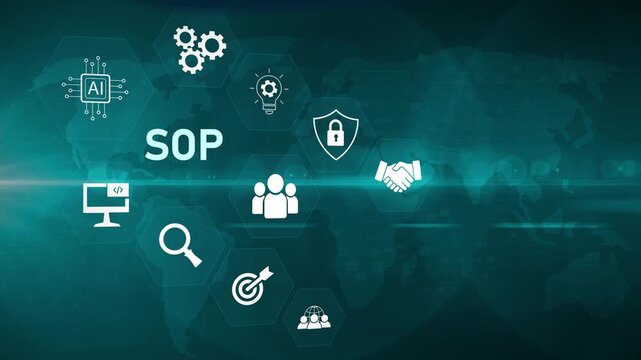 SOP, Standard operating procedure concept.SOP icons on virtual screen. Standard operating procedure with instruction, quality, process, operation, optical lager light background
