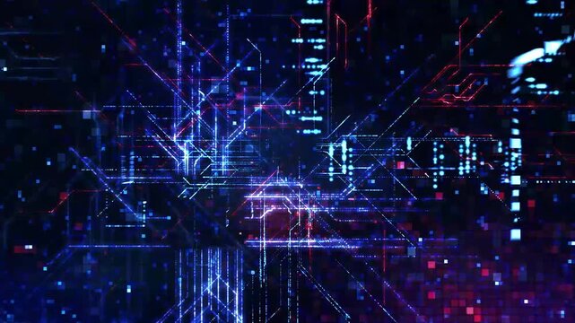 Abstract technological background featuring glowing digital circuitry and complex neon light streams flowing through cyberspace.