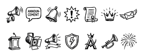 Set of hand-drawn announcement and celebration icons in a black and white sketch style, featuring a megaphone, podium, crown, scroll, bell, and other event symbols © Vladislav