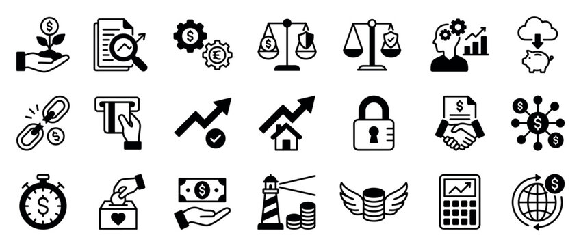 Black finance and business icon set with various symbols for investment, banking, growth, and security, presented in a clean, minimalist glyph style for web and print design