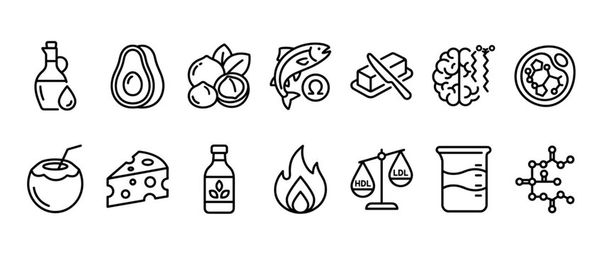 Set of line icons for ketogenic diet food and concepts including avocado, fish, nuts, cheese, butter, and symbols for cholesterol, brain health, and ketosis