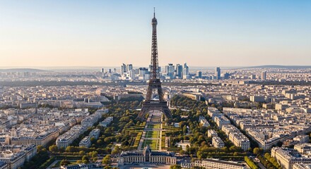 Fototapeta premium Eiffel Tower aerial view over Paris city skyline, Champ de Mars gardens and La Defense business district under clear blue sky, iconic French landmark, European summer travel.