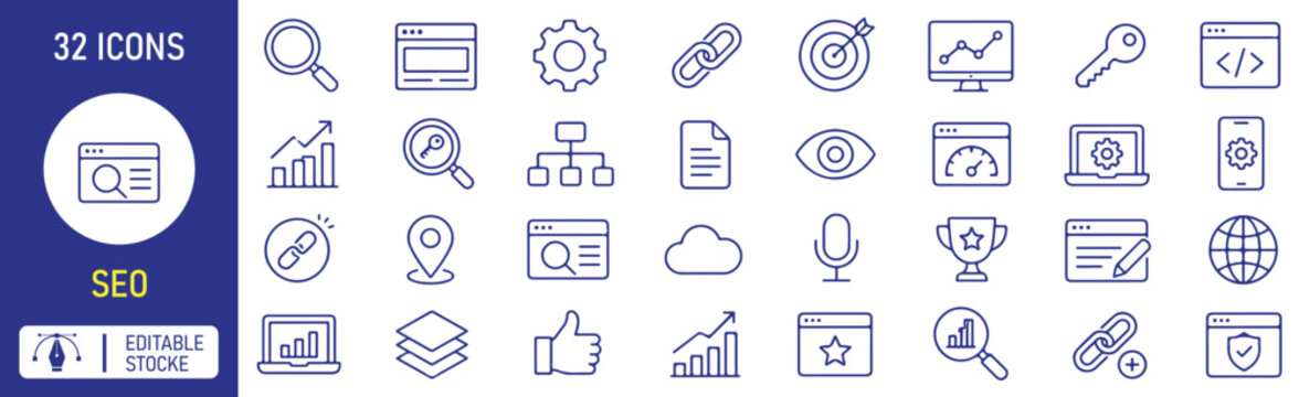 Set of 32 SEO icons Each icon will be different, create a vector outline icons using white background and black color