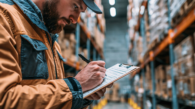 <Professional Warehouse Worker Conducting Inventory Check: Logistics, Supply Chain & Management Expertise>
