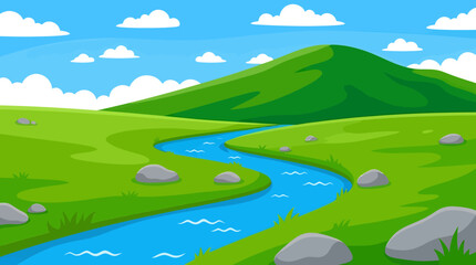 Obraz premium Cartoon landscape, green hills, blue river, sunny scenery, vector illustration