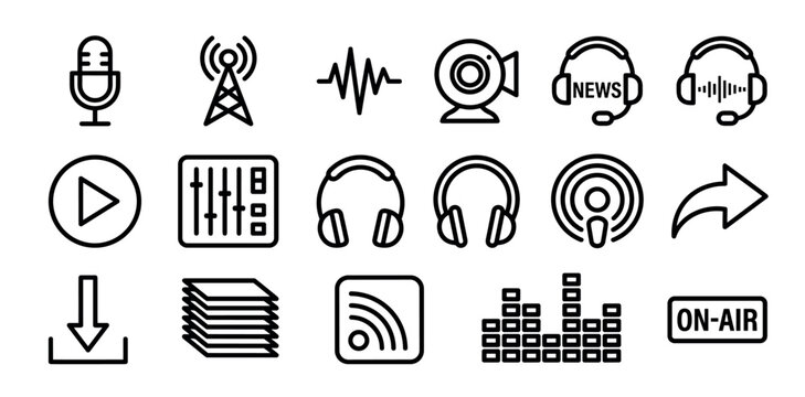 Collection of black line art icons for podcasting, radio, and streaming media with microphone, headphones, and mixer symbols in a minimalist style for web and app design