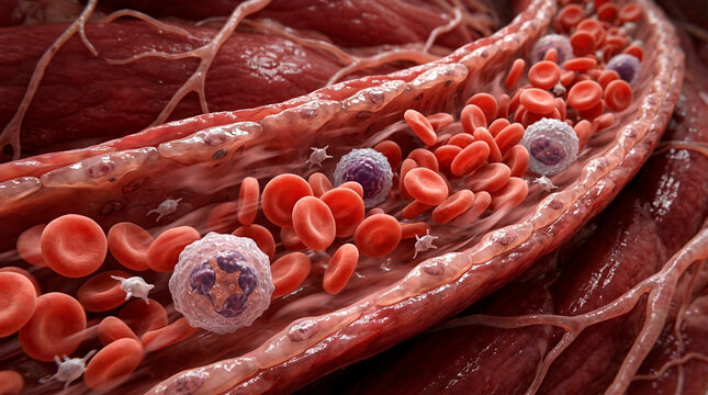 Close-up view of red blood cells and white blood cells flowing through a blood vessel