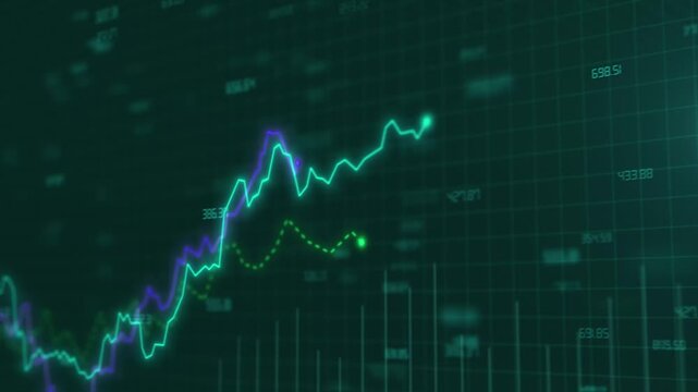 Abstract financial data visualization showing market fluctuations and trading charts on dark green grid background.