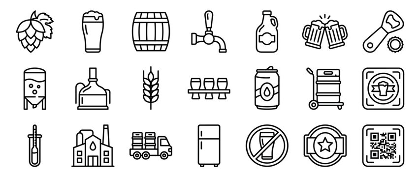 Large set of beer brewing icons showing various elements like hops, barrels, glasses, and brewery equipment in a clean, minimalist black and white line art vector style