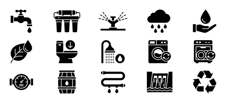 Collection of black solid icons for water management, conservation, and ecology, featuring symbols for purification, plumbing, household use, and recycling