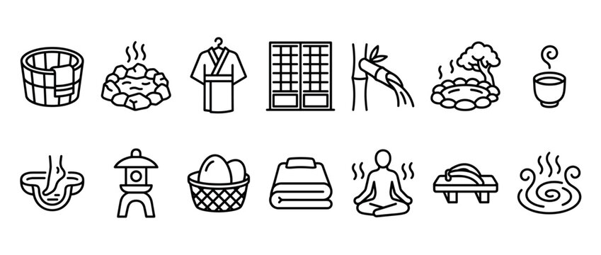 Set of black line icons representing Japanese onsen culture with symbols for hot springs, relaxation, yukata robe, and traditional spa elements in a minimalist vector style