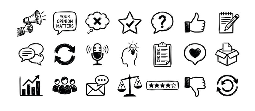 Collection of black hand-drawn doodle icons representing customer feedback, surveys, and reviews with various symbols like stars, thumbs up, and speech bubbles
