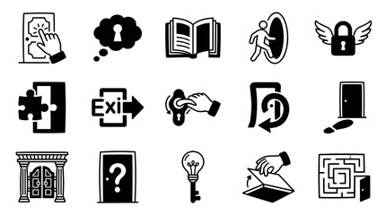 Set of black escape room icons representing puzzles, quests, and finding solutions in a simple glyph style, including a maze, key, lock, exit sign, and other logic game symbols © Vladislav