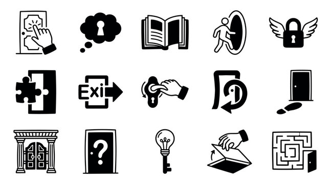 Set of black escape room icons representing puzzles, quests, and finding solutions in a simple glyph style, including a maze, key, lock, exit sign, and other logic game symbols
