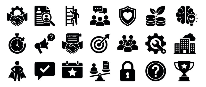 Set of black solid business glyph icons representing management, human resources, strategy, finance, and corporate success in a minimalist flat design style for web and mobile