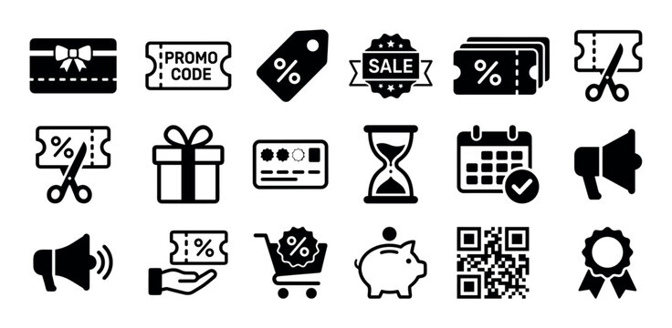 Collection of black glyph icons for shopping and e-commerce, featuring symbols for sales, discounts, promo codes, gift cards, and marketing in a simple, minimalist vector style