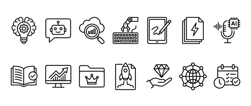 Set of black thin line icons representing artificial intelligence, business automation, data analysis, and technology concepts for user interface design