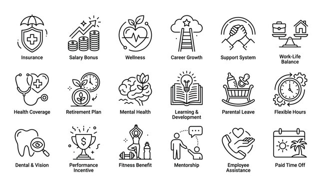 Collection of employee benefits line icons illustrating concepts like insurance, wellness, career growth, retirement, parental leave, mentorship, and paid time off in a minimalist style