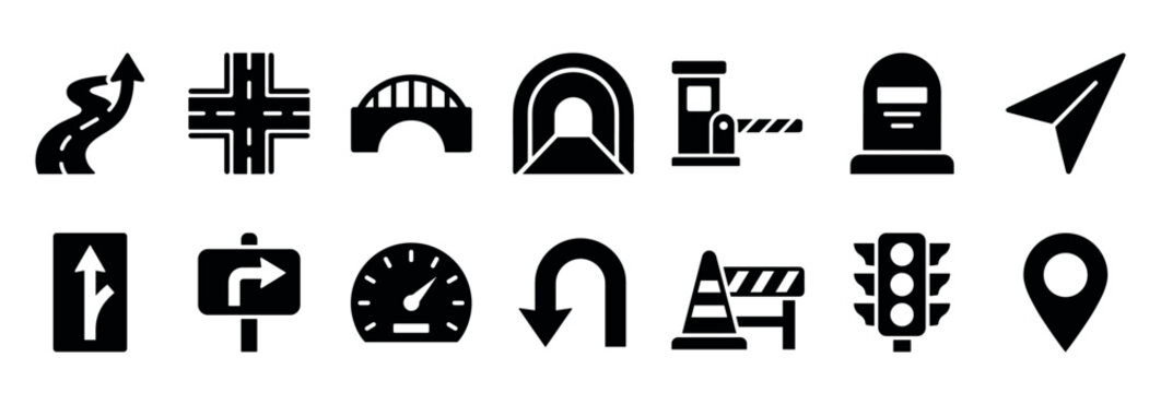 Set of black solid glyph icons for navigation and road travel, including a map pin, traffic light, speedometer, bridge, tunnel, and intersection symbols for user interface design