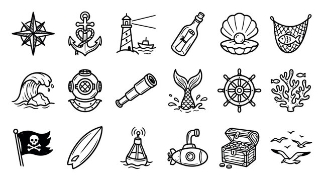 Set of hand-drawn nautical icons featuring a compass, anchor, lighthouse, mermaid tail, pirate flag, and treasure chest in a simple black and white doodle line art illustration style