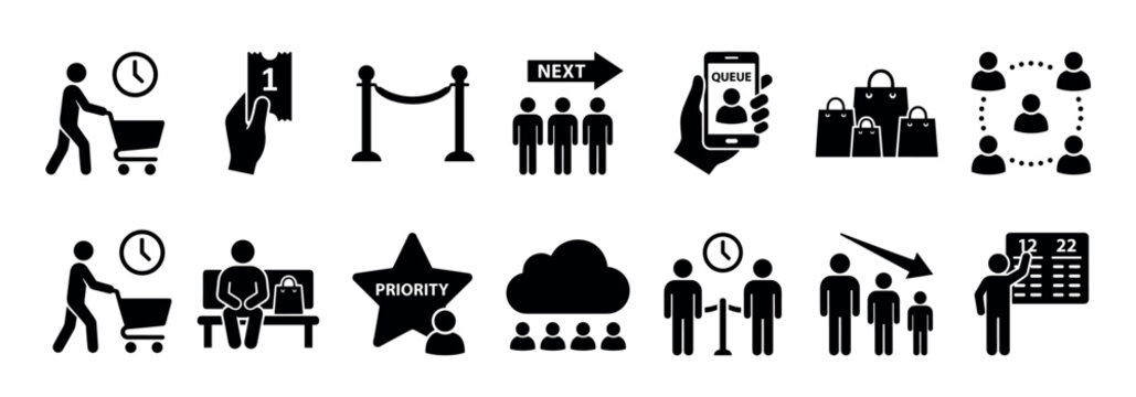 Set of black silhouette icons representing queuing, waiting in line, shopping, and customer service concepts like priority access, numbered tickets, and mobile queue apps