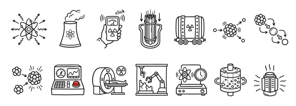 Nuclear energy and atomic physics icon set in a hand-drawn doodle style showing radiation, fission, power plant, reactor, and medical imaging technology illustrations