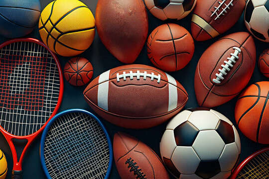 Sports equipment on gray surface. Balls for various sports and tennis rackets. Top view.