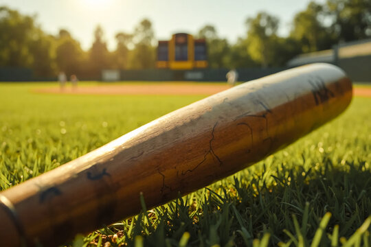 A close-up of a wooden baseball bat lies on green sport field