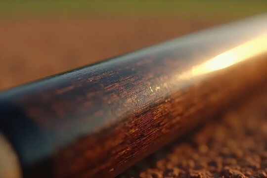 A close-up detail of a wooden varnished baseball bat. Sport background with limited depth of field.