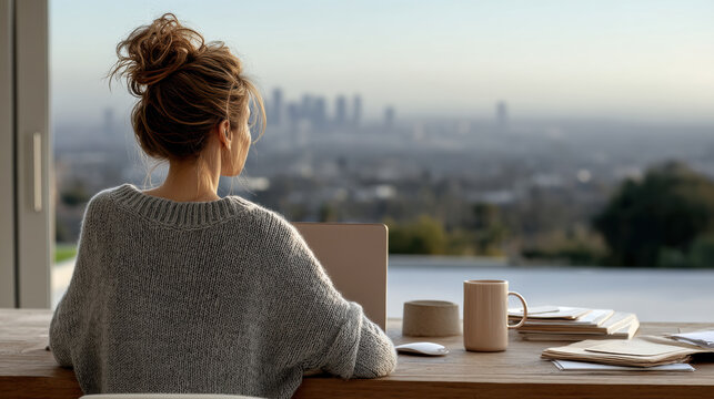 Young woman with messy bun sitting at desk, working on laptop, overlooking cityscape through window, cozy morning atmosphere