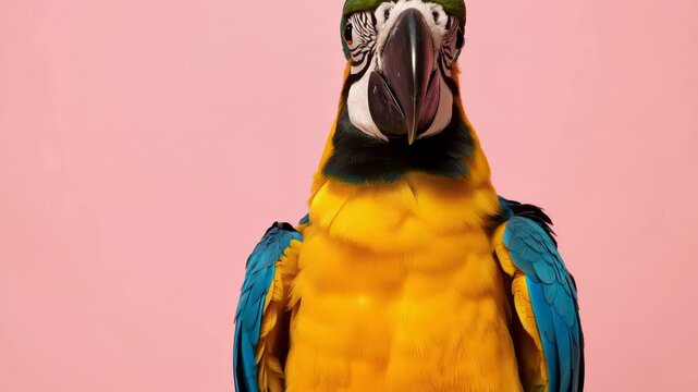 Vibrant blue-and-yellow macaw parrot close-up shown in two video frames against a pink background, displaying colorful feathers, curved beak and expressive head poses.