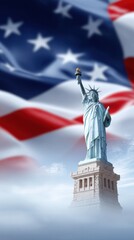 Obraz premium Statue of Liberty monument against a backdrop of the American flag, symbolizing freedom and democracy in New York City, USA