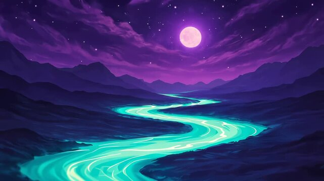 A glowing turquoise river winds through shadowed purple mountains under a luminous full moon and starry night sky, creating a surreal, dreamy nocturnal landscape.