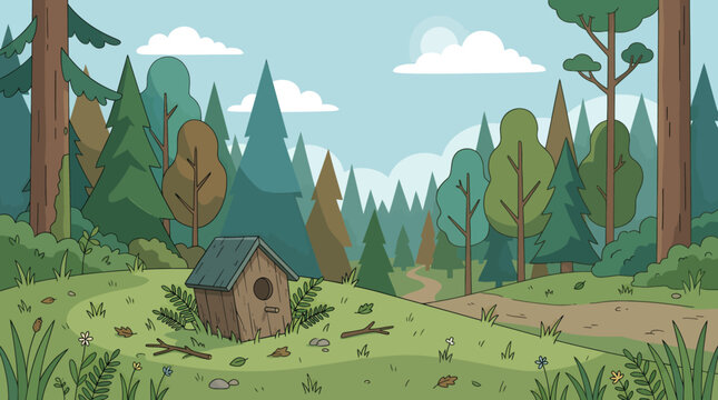 Cartoon forest landscape, birdhouse, trees, green grass, blue sky