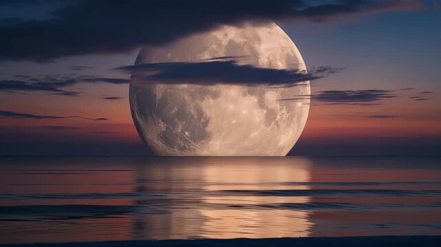 Massive full moon rising above a tranquil ocean horizon at dusk, its luminous reflection stretching across calm water with clouds and gentle waves beneath a colorful twilight sky